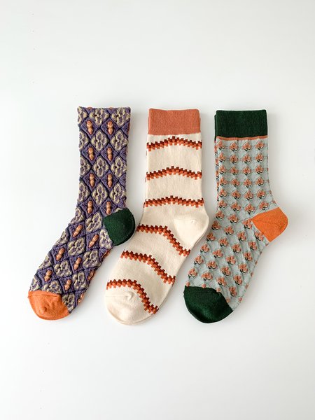 

3 Pairs Of Literary Retro Striped Floral Socks, As picture, Socks