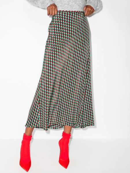 

Spring Geometric Regular Fit Daily Zipper fly Lightweight Skirt, Green, Midi Skirts