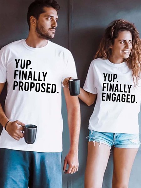 

Yup Finally Engaged Funny Crew Neck Cotton Couple T-Shirts, White, Couple T-shirts