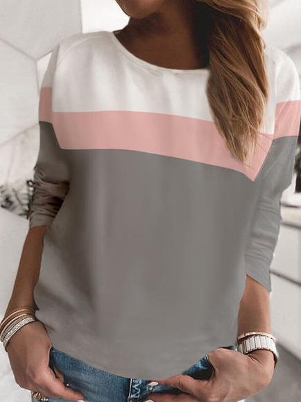 

Round Neck Casual Color Block Shirts & Tops, White, Tops