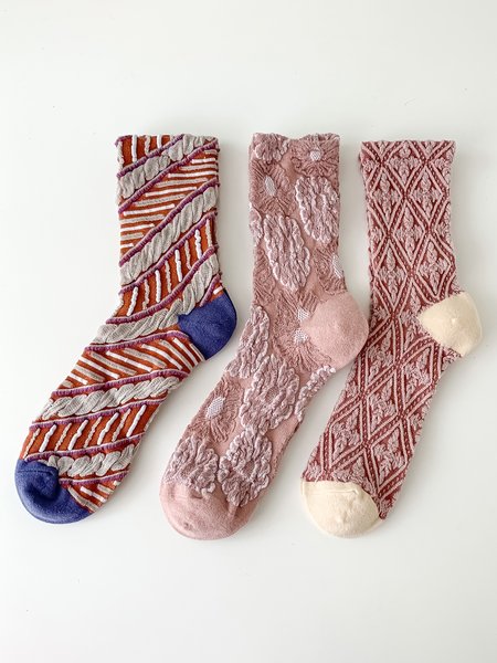 

3 Pairs Of Literary Retro Striped Floral Socks, As picture, Socks