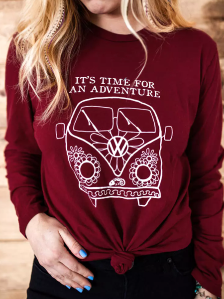 

It's Time For An Adventure Floral Blouse - Burgundy Loosen Letter Shirts & Tops, Wine red, Tops
