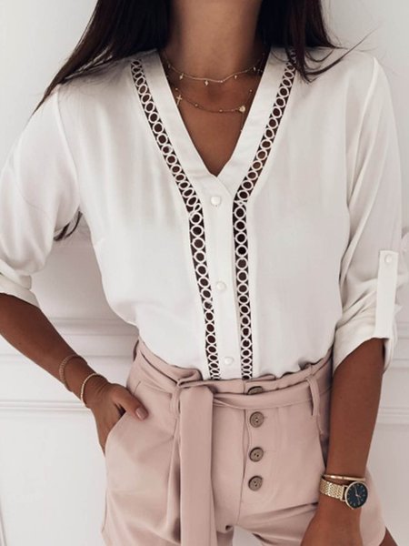 

Long sleeved V-neck plain patternless stitching cut out lace loose shirt Plus Size, White, Shirts & Blouses