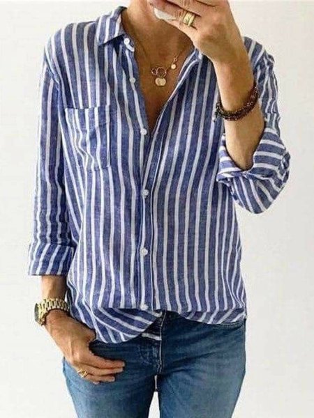 

Long Sleeve Casual Striped Shirts & Tops, Blue, Blouses & Shirts