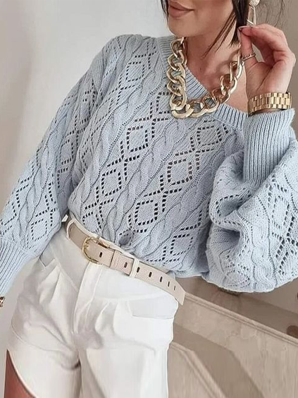 

Blue Geometric Hollow Lantern Sleeve Pullover Bishop Sleeve Plain Casual Sweater, Sweaters & Cardigans