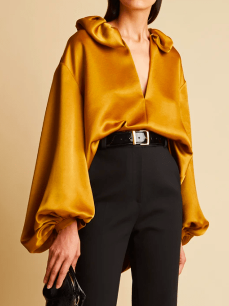 

Spring V neck Simple Long sleeve Non-Stretch Lightweight Top, Yellow, Blouses and Shirts