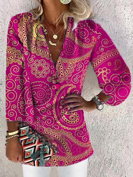 

Vacation V Neck Paisley Loosen Shirts & Tops, Pink, Blouses & Shirts