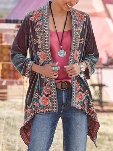 

Loosen Velvet Floral Vacation Outerwear, Coffee, Coats