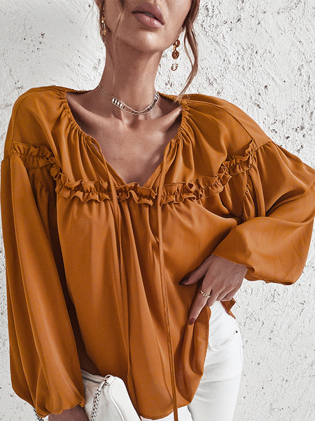 

Vintage V Neck Loosen Shirts & Tops, Caramel, Shirts & Blouses