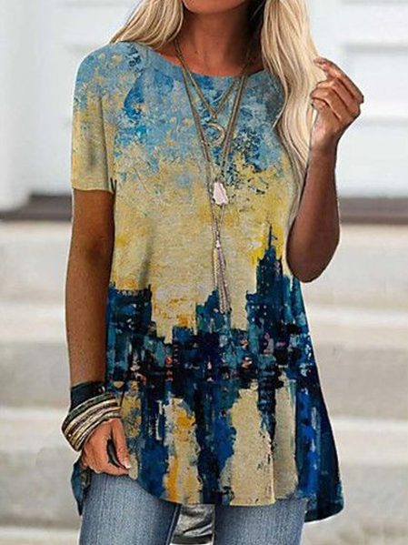 

JFN Round Neck Abstract Casual Tunic Tops, Multicolor, Tops