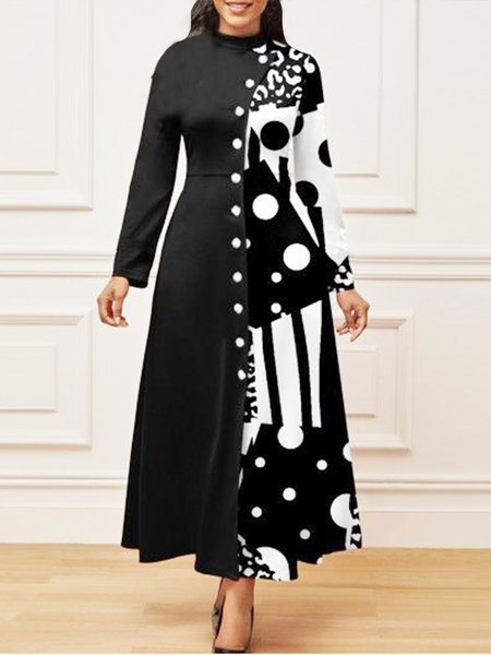 

Black and white abstract face geometric A-line long-sleeved dress, Black-white, Casual Dresses