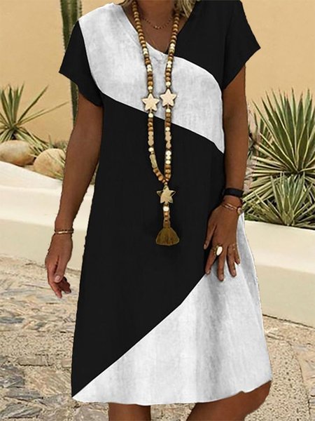 

Black-white Color Block V Neck Short Sleeve Casual Mini Dresses, Mini Dresses