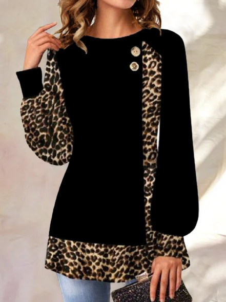

Casual Leopard Print Stitching Long-sleeved Top, Black, T-Shirts