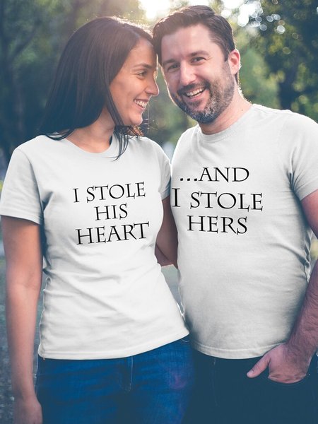 

Valentine's Day With Couples I Stole His Heart I Stole Hers Cotton Casual Couple T-Shirts, White, Couple T-shirts
