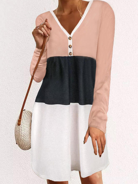 

Color Block V Neck Cotton Blends Dresses, Multicolor, Casual Dresses