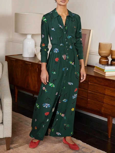 

Elegant Slim Fit Shirt Collar Floral Dress, Green, Midi Dresses