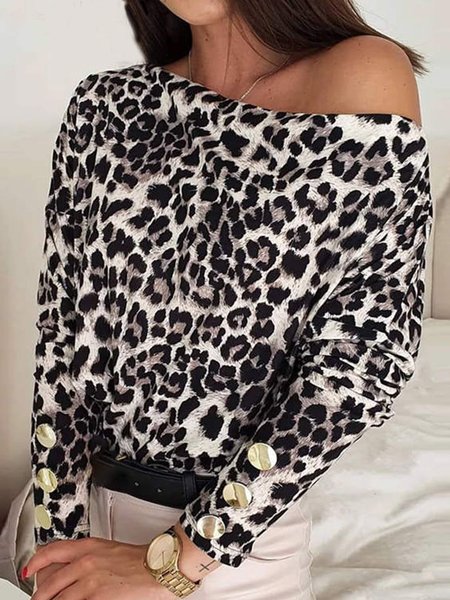

One Shoulder Leopard Casual Long Sleeve Shirts & Tops, Tops