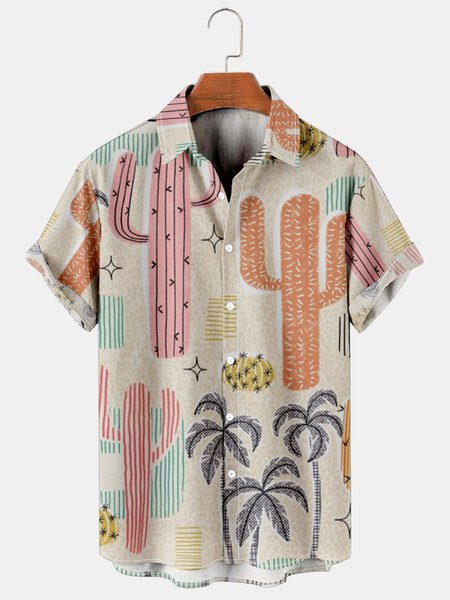 

Mens Geometric Coconut Tree Print Casual Breathable Hawaiian Short Sleeved Shirt, As picture, Men's Floral shirt