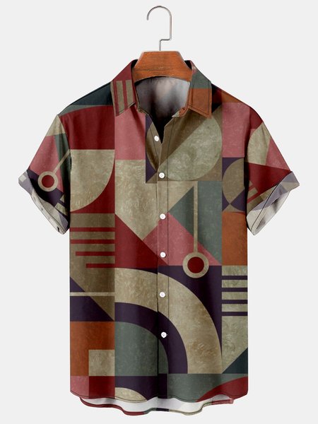 

Mens Art Geometric Print Casual Breathable Hawaiian Short Sleeve Shirt, As picture, Men's Floral shirt