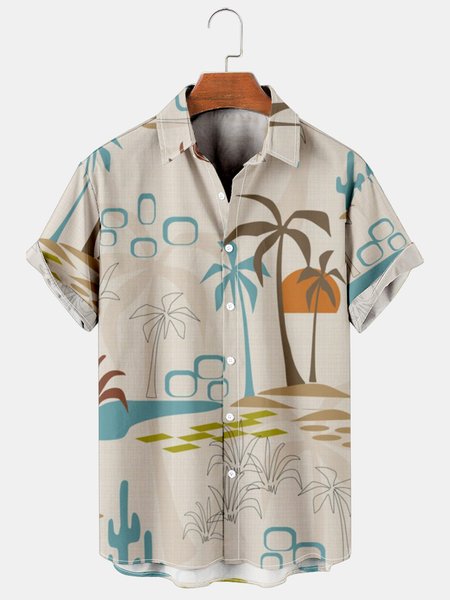 Mens Geometric Coconut Tree Print Casual Breathable Hawaiian Short Sleeved Shirt, As picture, Men's Floral shirt