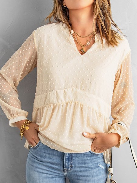 

Vacation Casual Dotted Baby-doll Notched Long Sleeve Blouse Tops, Apricot, Blouses & Shirts