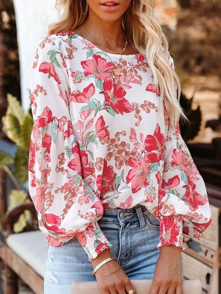 

Casual Floral Crew Neck Long Sleeve Shirts & Tops, As picture, Tops