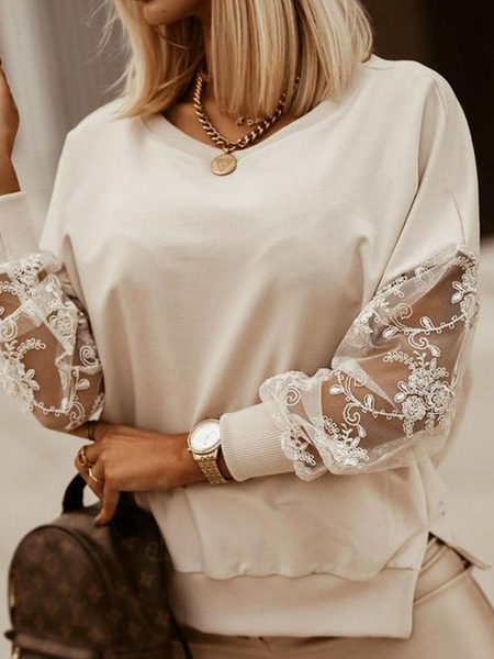 

Sleeve hollow stitching lace fabric simple sweater Plain Casual Loosen Sweatshirt, Apricot, Hoodies & Sweatshirts