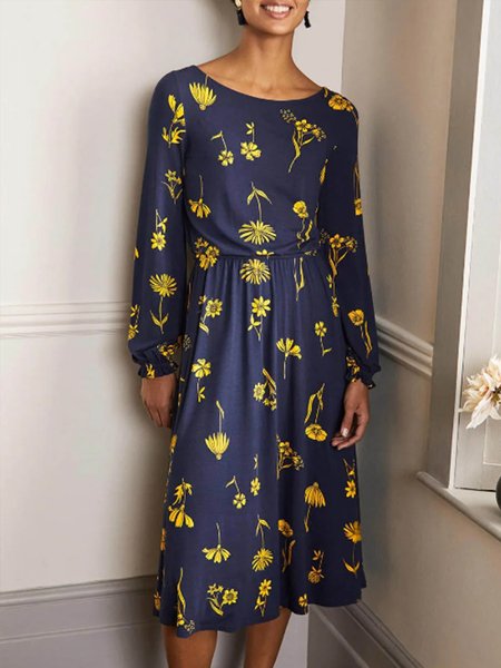 

Elegant Printed Floral Crew Neck Dress, Purplish blue, Midi Dresses