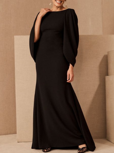

Elegant Crew Neck Solid Party Black Dress, Maxi Dresses
