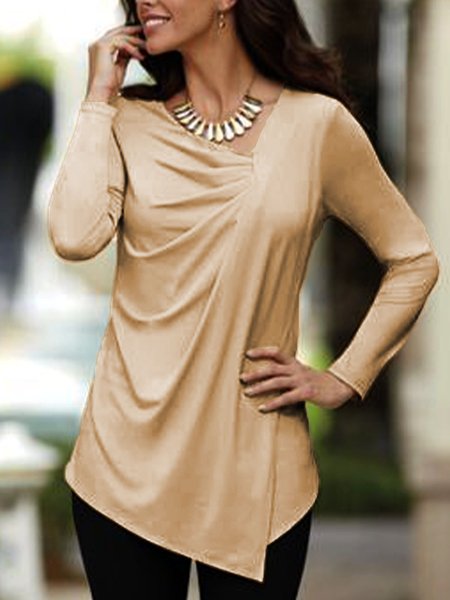 

Casual Regular Fit Asymmetrical Neck Top, Khaki, Tees