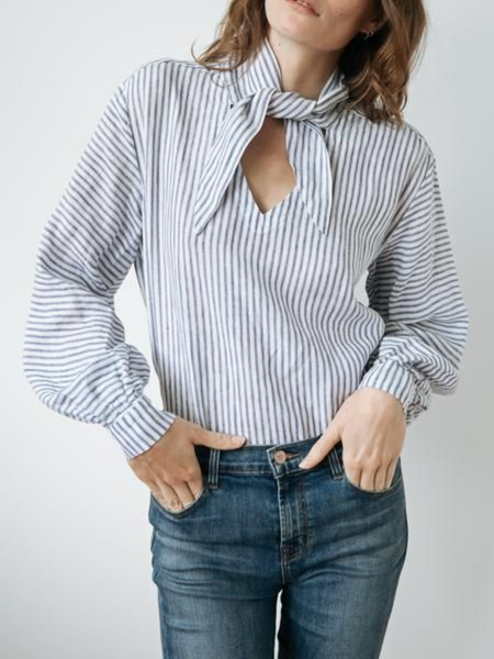 

Spring Striped Non-Stretch Tie Neck Simple Daily Long sleeve Top, Stripe, Tops