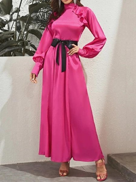 

Regular Fit Elegant Stand Collar Solid Dress, Rose red, Maxi Dresses