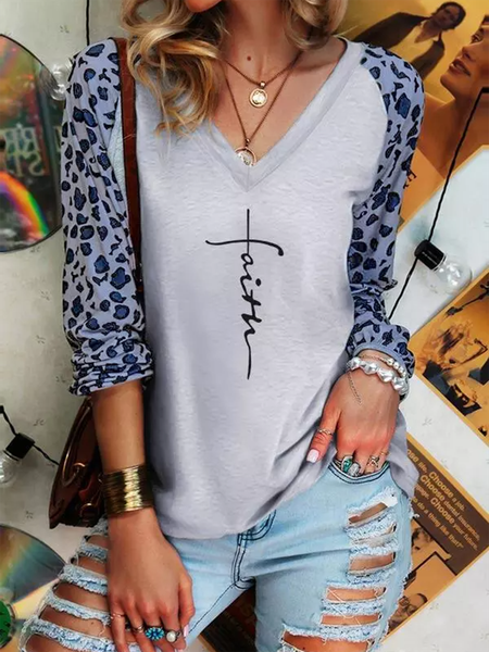 

Leopard Letter Print Raglan Sleeve V Neck Casual Blouse Tops, Gray, Tops