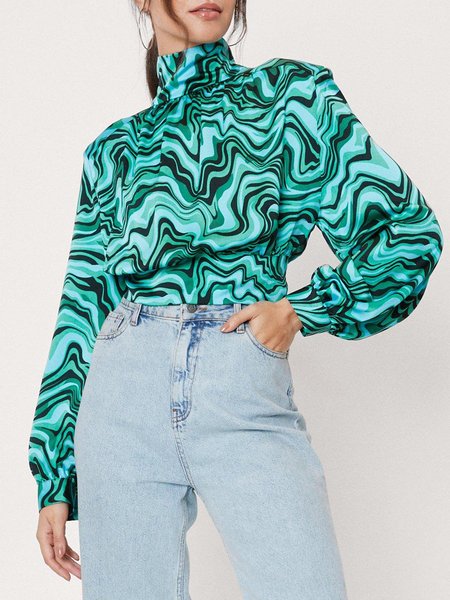

Abstract High Neck Long sleeve Top, Green, Blouses and Shirts