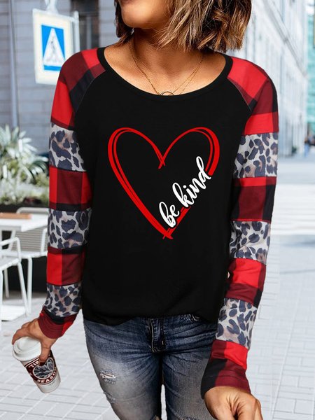 

Be Kind Heart Print Plaid Leopard Splicing Long Sleeve Tops Tees, Black, Tops