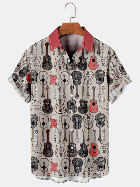 

Vacation Leisure Music Element Guitar And Text Pattern Hawaiian Style Printed Shirt Top, As picture, Shirts ＆ Blouse