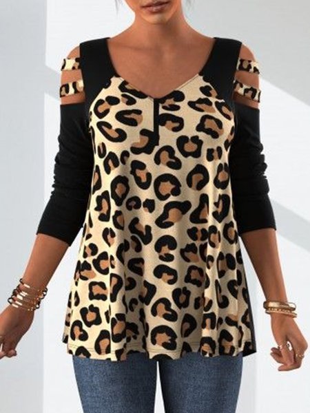 

Casual Leopard Loosen V Neck Long Sleeve Shirts & Tops, T-Shirts