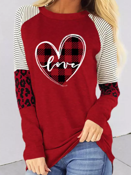 

Valentine Love Heart Striped Plaid Leopard Blouse - Red Striped Casual Crew Neck Shirts & Tops, Tops