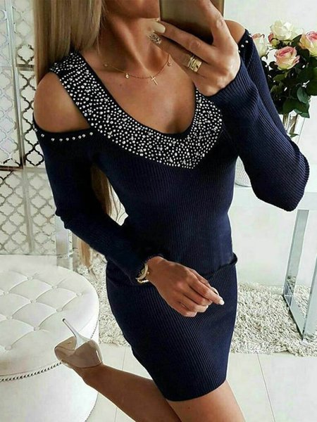 

Long sleeve U-neck plain patterned high elastic fit dress Sequin Rhinestone decoration Plus Size Gliter Sequins, Black, Formal Dresses