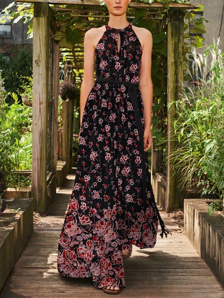 

Vacation Floral Halter Dresses, Black, Maxi Dresses