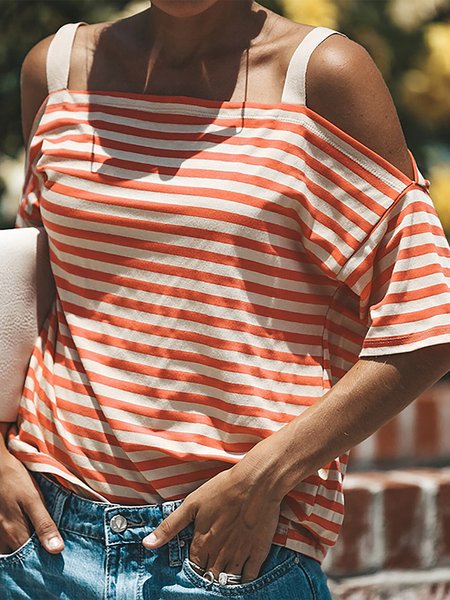 

Casual Striped Spaghetti Short Sleeves Tops, Orange, Tops