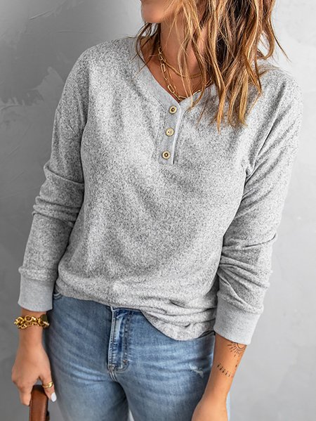 

Casual V Neck Buttons Long Sleeve Blouse Tops, Light gray, Tops