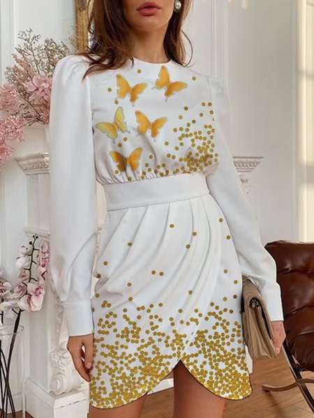 

Crew Neck Regular Fit Butterfly Elegant Dress, White, Mini Dresses