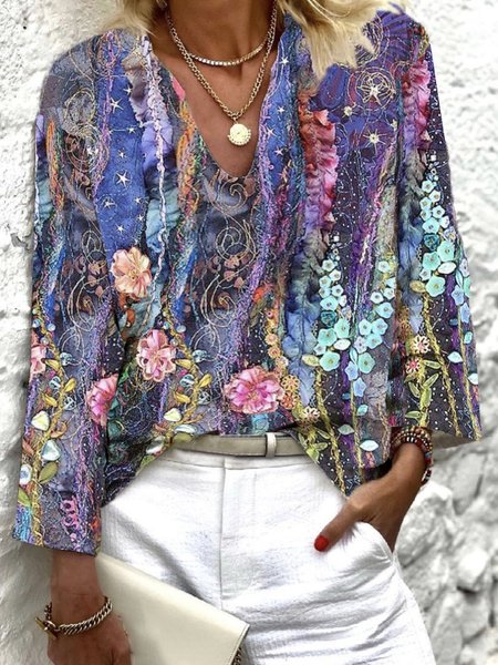 

Floral Casual Vacation Cotton Blends Regular Fit Shirt & Top, Purple, Shirts & Blouses