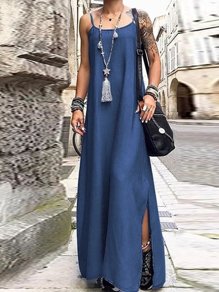 

Blue denim sling long loose dress, Purplish blue, Casual Dresses