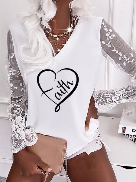 

Letter V Neck Casual Long Sleeve Shirts & Tops, White, T-Shirts