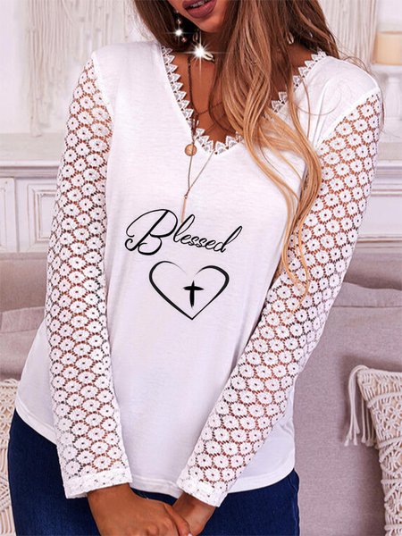 

Lace Casual V Neck Long Sleeve T-shirt, White, T-Shirts