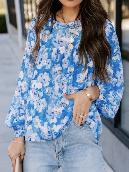 

Casual Cotton Blends Floral Shirts & Tops, White-blue, Tops