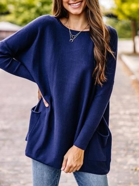 

Pockets Casual Loosen Long Sleeve Shirts & Tops, Deep blue, Tops