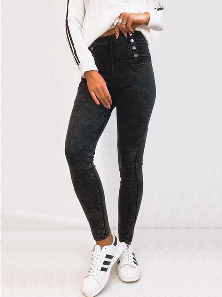 

Solid Denim Long Casual Plus Size Button Denim & Jeans, Black, Jeans